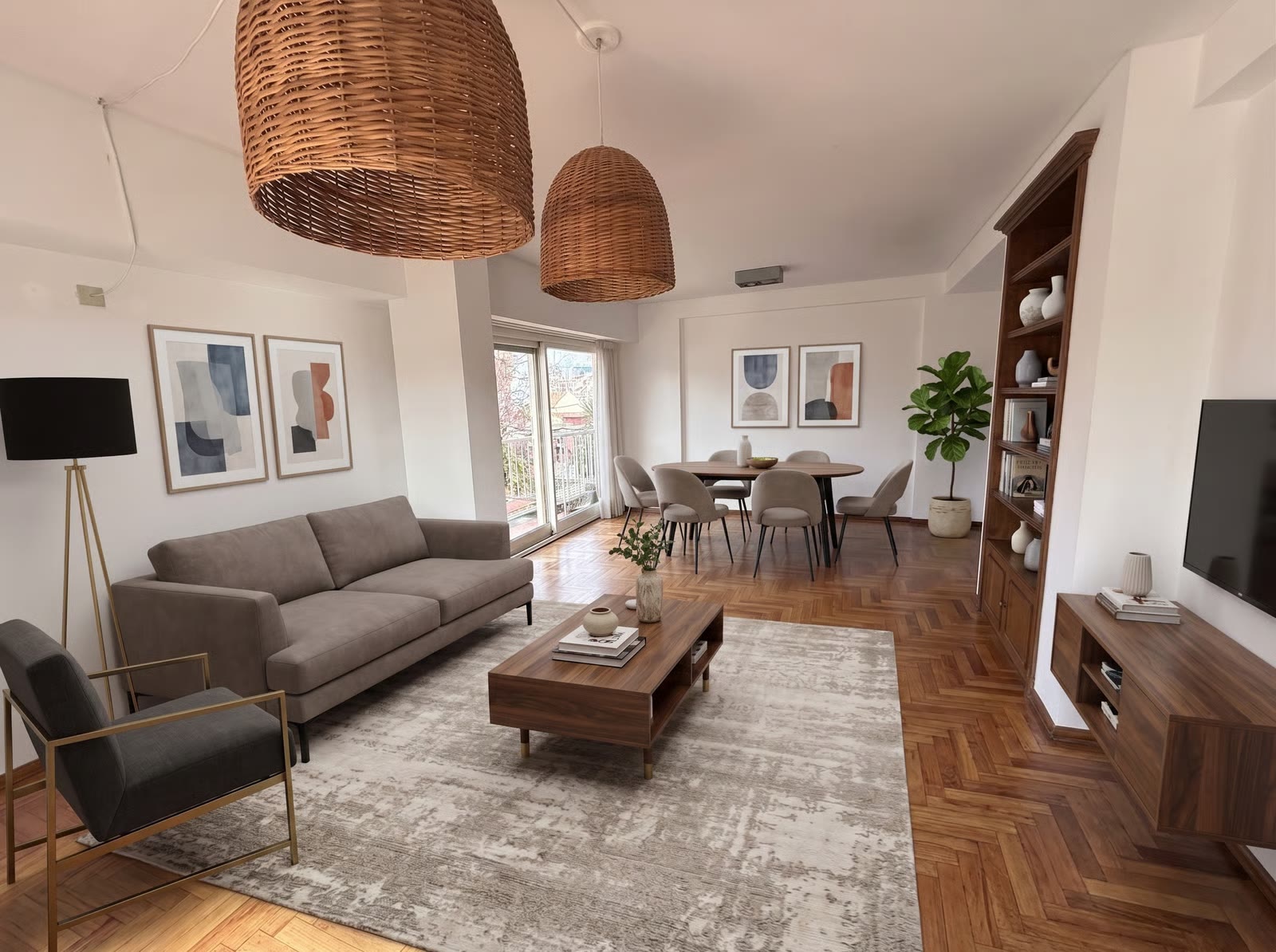El mismo living, con los muebles del dueño y re-estilado con IA